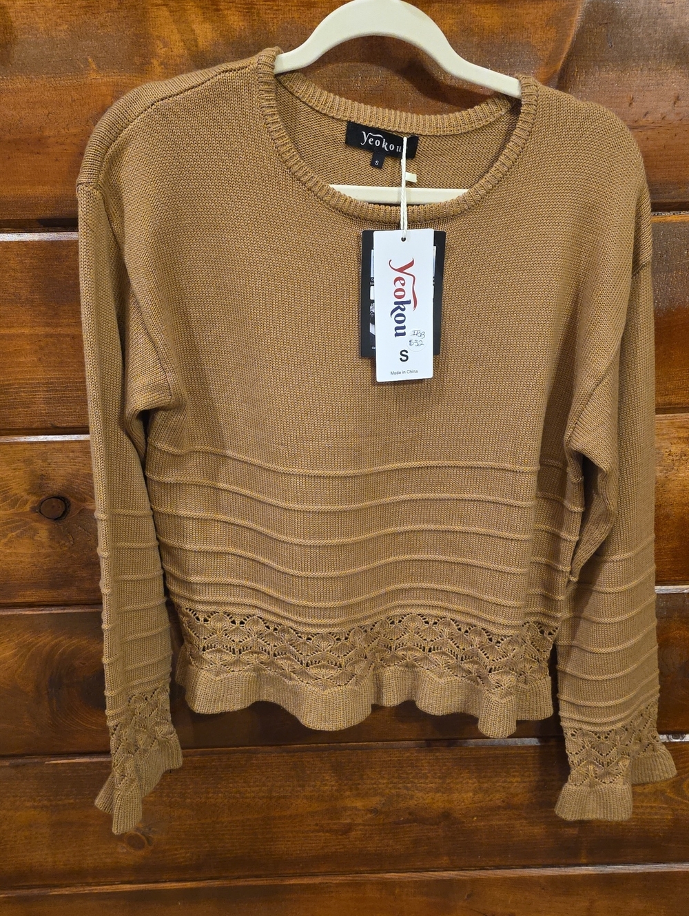 Yeokou Brown Lace-Hem Knit Crewneck Sweater